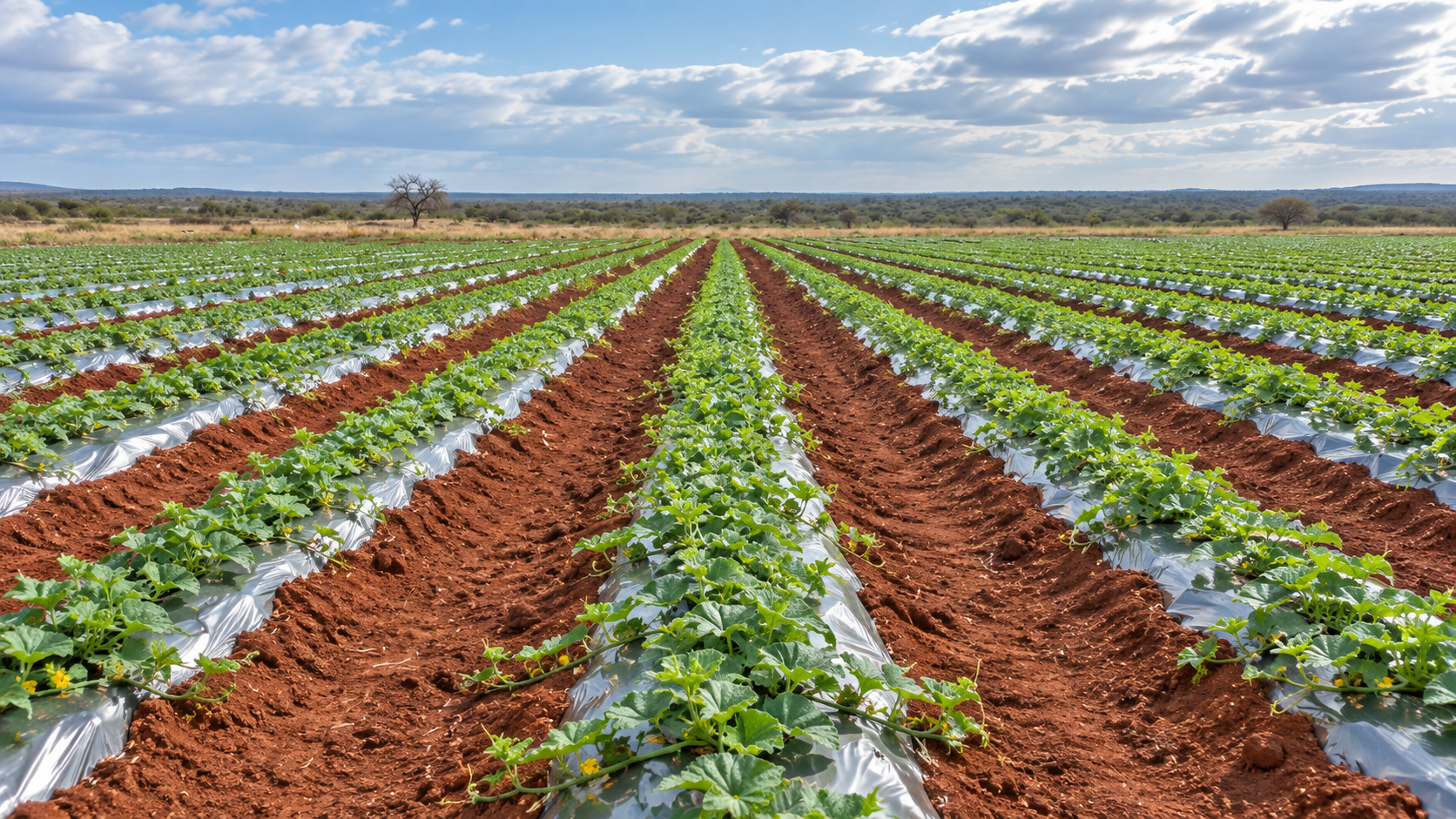 Plastic mulch protecting vegetable crops during dry South African farming conditions